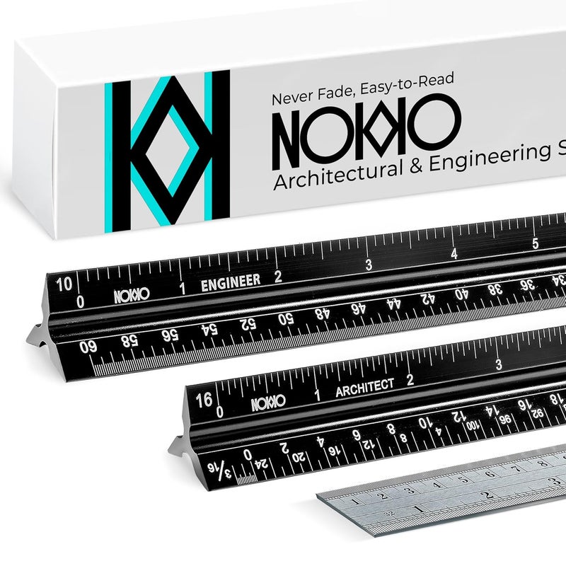 NOKKO 12 Inch Architectural and Engineering Scale Ruler Set - Professional Architect and Engineer Scale Rulers for Drafting, Architects, Engineers, Construction, Students, Metal Ruler 12 Inch Included - Image 1
